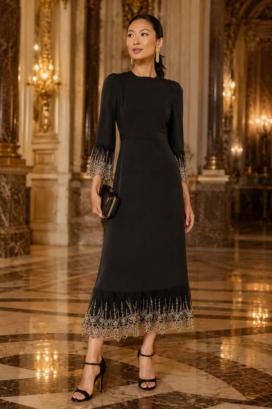 Pomander Place Lilith Black Lace Midi Dress Size L NWT Gold Embroidered Formal